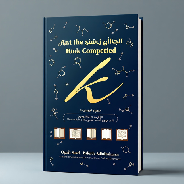 The cover features a dark blue background with scattered chemical elements and chemical bonds in a random pattern. The title is prominently displayed at the top in golden color. Below the title, there are miniature book images representing the chapters of the book, including Thermodynamic Dynamics, Kinetic Chemistry, Electrochemistry and Corrosion, Unit Operations, Biochemistry, Fluid Chemistry, and Safety and Security. At the bottom, the author's name, Opah Saad, and Bakirah Abdulrahman, are shown.