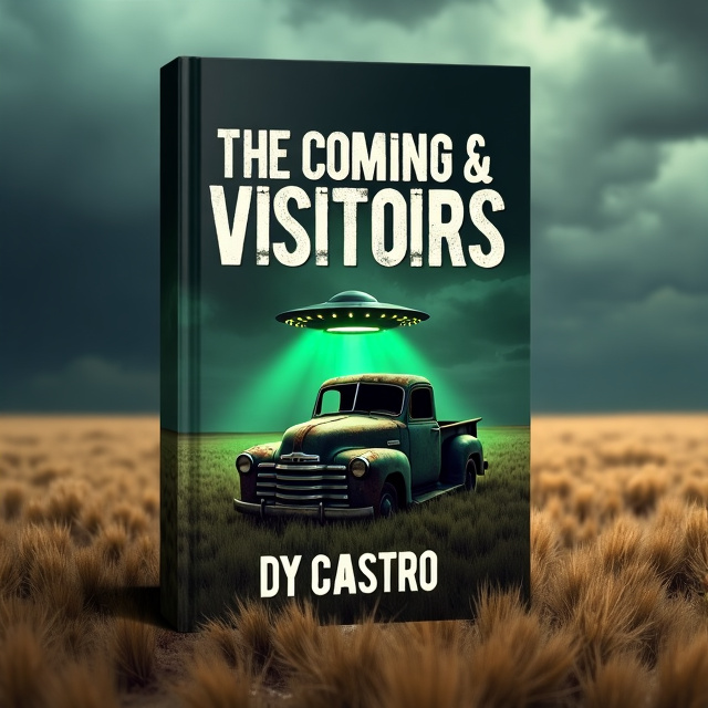 An empty field with tall grass and a dark, stormy sky. In the foreground, there is an abandoned truck covered in dust and rust. Above the truck, a menacing UFO hovers, emitting an eerie green glow.