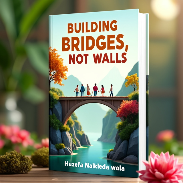 A bridge spanning across two picturesque landscapes, connecting them. On the bridge, people of various ages and ethnicities are seen walking together, symbolizing unity and understanding. The bridge is surrounded by colorful flowers and greenery, representing growth and renewal.