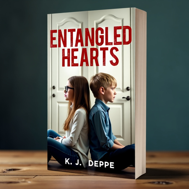 The cover features a close-up of a girl with light brown hair and glasses on the left side, and a boy with bright blonde hair sitting back to back on the right side. They are separated by a closed door, symbolizing the theme of sadness and separation.