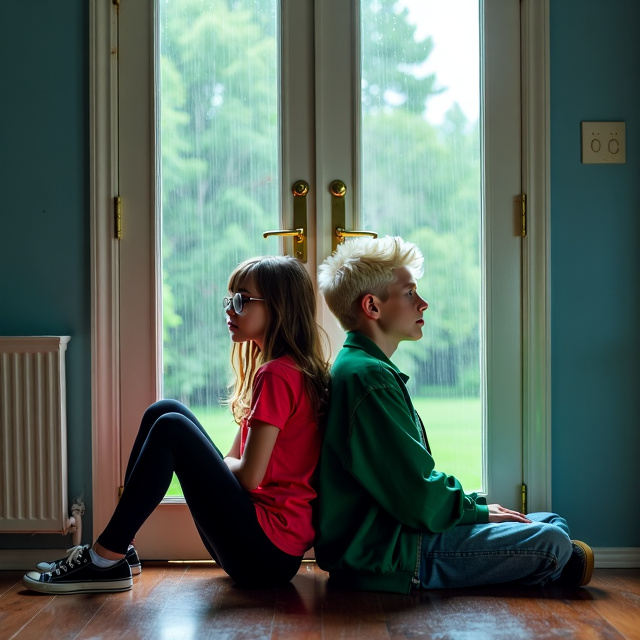 A high school teenage girl with light brown hair and glasses, wearing a red t-shirt and leggings, sitting back to back with a high school teenage boy with bright blonde almost white hair, wearing a green football jacket. They are separated by a door inside an apartment building, with rain pouring outside.