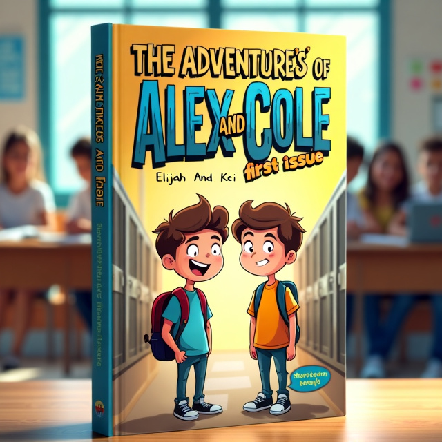 The cover features a cartoon illustration of two characters, Alex and Cole, in a school setting. They are depicted in a funny and exaggerated manner, with comical facial expressions and exaggerated body language. The background shows a typical school scene with lockers, classrooms, and students in the background, creating a sense of the humorous and chaotic atmosphere of school life.