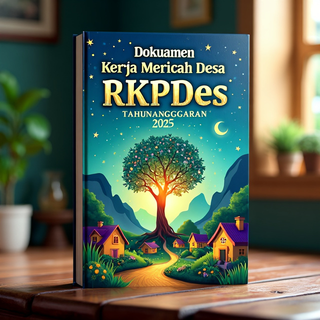 standing book mockup, Its title is "Dokumen Rencana Kerja Pemerintah Desa (RKPDes) Tahunanggaran 2025".  The cover features a landscape of a mystical village with colorful houses and vibrant vegetation. In the center, there is a prominent image of a magical tree with glowing leaves and intricate patterns. The sky above is filled with stars and a crescent moon, adding to the fantasy element. The book title is displayed in an elegant, cursive font with a touch of whimsy, emphasizing the magical theme. The subtitle is in a simpler, sans-serif font, ensuring readability., The title is placed at the top of the cover, spanning the width, while the subtitle is positioned below it, aligned to the left. The visual elements are situated in the middle, taking up most of the cover space. The area where the author's name typically appears should be left completely blank, with no text or placeholder.