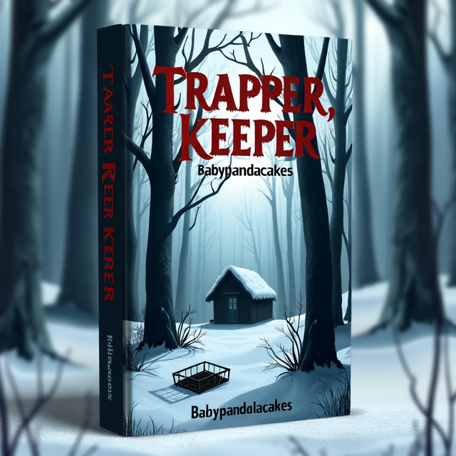 - The cover depicts a snowy forest scene, with bare trees and a broken rabbit trap in the foreground. - Partially hidden among the trees is a shadowy, wolf-like figure, representing the looming threat. - A small, dark cabin peeks through the trees, symbolizing isolation and being trapped. - Muted blues and grays dominate the color palette, with accents of white (snow) and subtle hints of red or pink for contrast and danger.