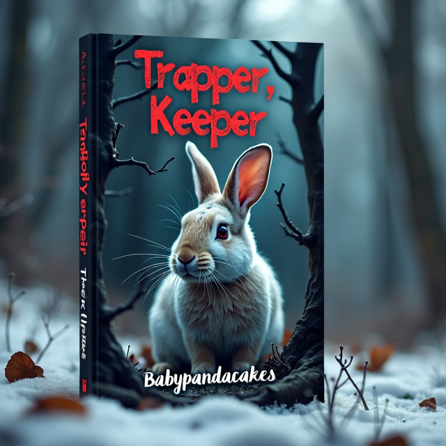 The cover features a close-up of a rabbit, with its fur subtly transformed into skeletal elements. The rabbit is surrounded by bare, wintery branches, and faint hints of snow can be seen falling in the background. A shadowy figure of a wolf can be seen lurking in the forest, adding a sense of danger. The color palette consists of muted blues, grays, and dark reds, creating a chilling atmosphere.