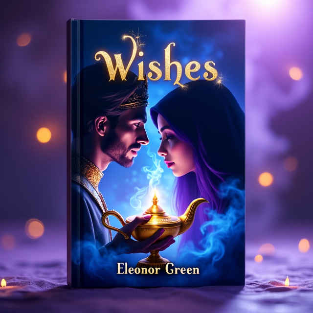 A mystical purple background with wisps of blue smoke swirling around. In the center, a golden-skinned lamp genius is holding the face of an Arab woman, both looking deeply into each other's eyes. The magical lamp is positioned next to them, emanating blue magical effects.