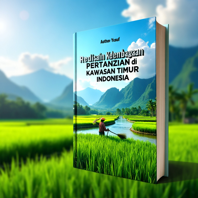 A wide landscape of lush green paddy fields under a bright blue sky with white clouds. In the foreground, a farmer is seen working, holding traditional farming tools, symbolizing the combination of human effort and natural resources in supporting food security. In the distance, an irrigation channel is visible, leading to the fields, representing the importance of agricultural infrastructure in increasing production.