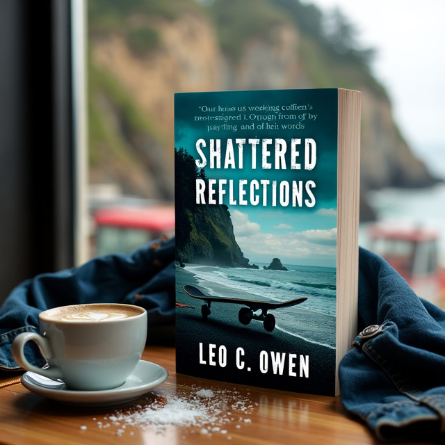 The cover features a cracked coffee cup sitting on a table, next to Logan's skateboard and jacket, symbolizing the collision of their worlds. The objects are placed in a way that creates a sense of disarray and vulnerability. The background is a subtly blended image of the town, with the coffee shop window reflecting the cliffs and ocean.