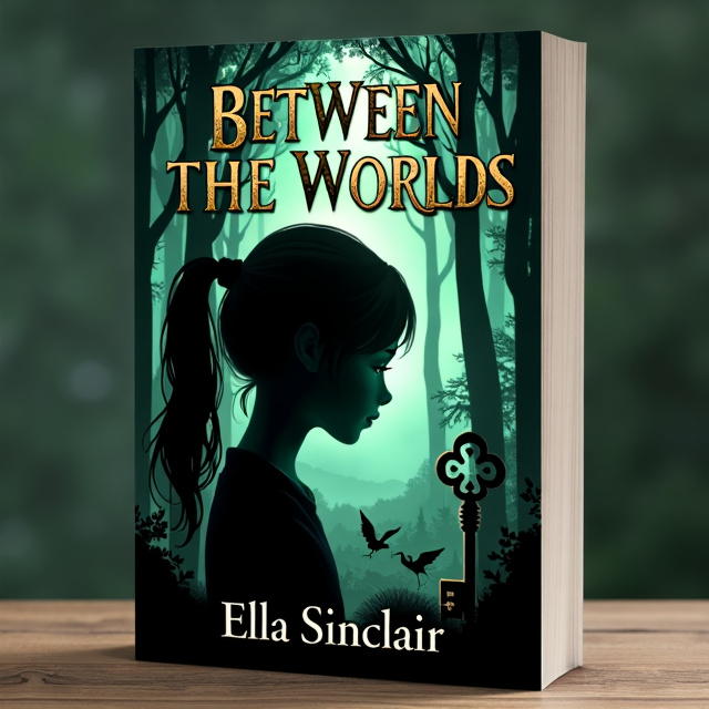 The cover features a close-up shadow of a girl with a ponytail's head, partially obscured by a dark, mystical forest. In the background, a dagger and a key are intertwined, symbolizing the unpredictability and adventure found between the different worlds. Angels and demons are subtly hidden within the trees, representing the clash of good and evil. The color scheme includes shades of green and black, emphasizing the natural and dark elements of the story. Gold accents add a touch of luxury and mystique.