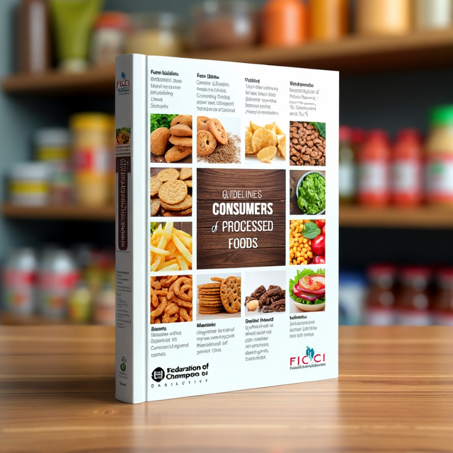 The cover features a collage of images of various processed foods, such as chips, cookies, and canned goods, arranged in a grid pattern. In the center, there is a large image of a food label with the book title prominently displayed. Surrounding the images, there are informative food facts and guidelines in a smaller font size, creating a balanced and informative visual composition.
