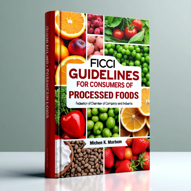 The cover design will feature a collage of images representing processed foods, packaged foods, and fresh fruits and pulses. These images will be arranged in a dynamic and eye-catching manner, with some overlapping and others standing out. The central focus will be on a striking image of a packaged food item to grab the reader's attention.