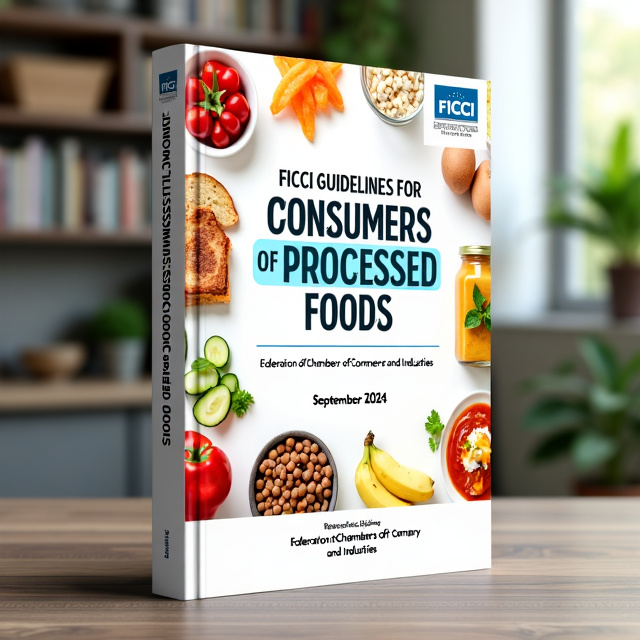 The cover will have a white background with the FICCI logo placed at the top right corner. The title "FICCI GUIDELINES FOR CONSUMERS OF PROCESSED FOODS" will be centered and surrounded by images of packaged foods. At the bottom, the author's name "Federation of Chambers of Commerce and Industries" will be displayed along with the address. The cover will also feature the text "September 2024" to indicate the date of publication.