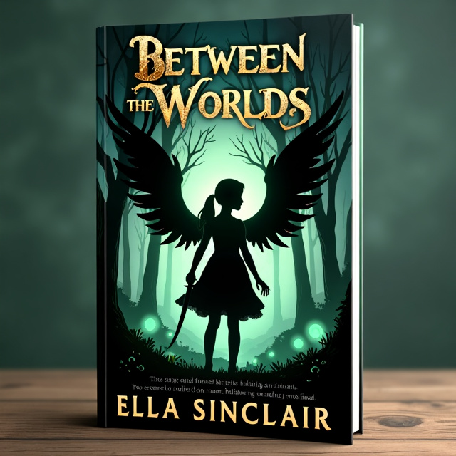 The cover features a shadowy silhouette of a girl with a ponytail, wielding a sword. Above her head, there is mystical writing in a golden font, and below her head, there is another line of writing in a bold, black font. Surrounding the girl are angelic wings on one side, and demonic wings on the other, creating a sense of duality and conflict. The background is a dark forest with ominous trees and glowing green orbs floating in the air.