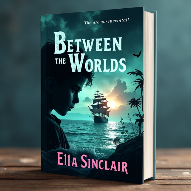 The cover features a photo of a shadow of a boy's head, with a pirate ship in the distance and an island in the background. The photo is overlaid with a dark and mysterious filter, giving it a fantasy and scary vibe. Water elements, such as waves and splashes, are incorporated to represent the ocean and sea.
