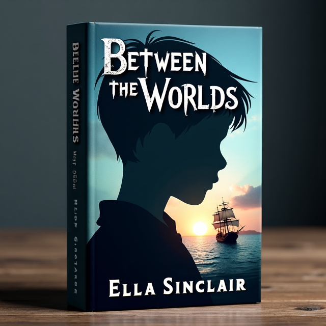 The cover features a black shadow of a boy's head in the center of the page. Above the boy's head, the title "Between The Worlds" is written in a slightly eerie font. Below the boy's head, the author's name, Ella Sinclair, is displayed. In the distance, there is a small pirate ship on the water, with a sun setting behind it and a distant island visible. The overall color scheme is dark blue, black, and white, with a focus on creating a mysterious and adventurous atmosphere.