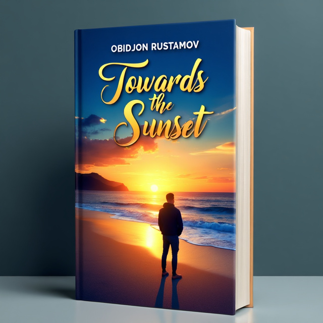 The cover features a breathtaking sunset scene, with vibrant orange and yellow hues blending into a deep blue sky. A lone male character stands on a sandy beach, gazing out towards the setting sun. The tranquil ocean waves lap at the shore, while wispy clouds add an ethereal touch to the scene. The character is placed on the bottom left, allowing the sunset to be the focal point of the cover.