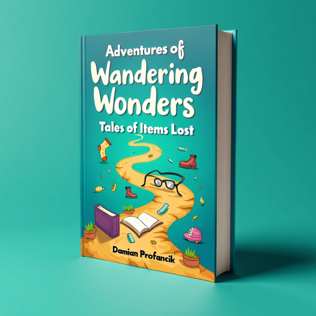 The cover features a whimsical and colorful illustration of various lost items, such as a mismatched pair of socks, a lone shoe, and a pair of glasses. These items are scattered across a winding path that leads to an open book, symbolizing the adventures and stories within. The background is a vibrant teal color, adding a sense of intrigue and excitement.