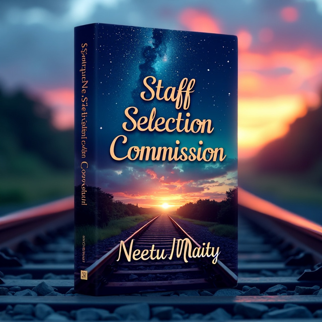 A dreamy landscape image of a railway track stretching into the distance, with a colorful sunset sky above. Overlaying the image is an illustration of a book with the title "Staff Selection Commission" written on it, surrounded by swirling stars and glowing light.