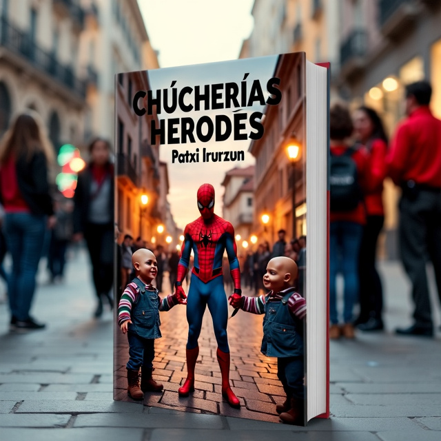The book cover features a moderately busy square in the city of Pamplona, ​​Spain at dusk. In the center, a man dressed as Spiderman, surrounded by two dwarves dressed as Chucky, is threatened with knives. Three teenagers mock them in the background, while two tourists record the scene with their smartphones. Two police officers from the civil guard observe with curiosity.