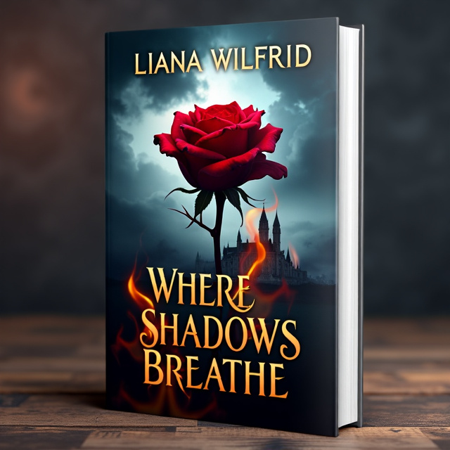 The cover features a rose with thorns as the central element, surrounded by heavy clouds and smoke. Flames lick the edges of the rose, adding a touch of danger and passion. Shadows dance around the rose, representing the mystery and darkness in the story. In the background, a castle silhouette adds a sense of beauty and fantasy.
