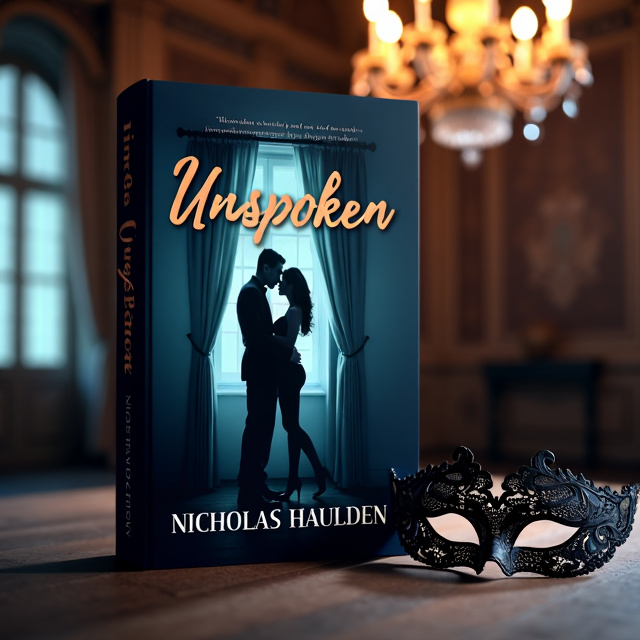 The cover features a dimly lit room with an ornate, vintage chandelier hanging from the ceiling. In the foreground, there is a black lace mask, partially obscuring the view. Behind the mask, two silhouettes of a man and a woman can be seen, their bodies intertwined in a passionate embrace. The overall tone is dark, sultry, and mysterious.