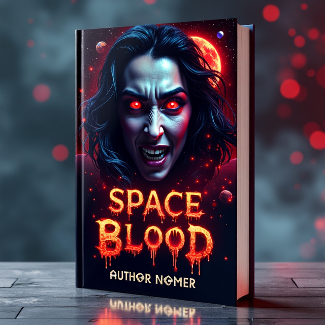 The cover features a haunting image of a vampire in a futuristic space setting. The vampire is depicted with glowing red eyes and sharp fangs, surrounded by swirling mist and dripping blood. The background is filled with stars and planets, creating a sense of cosmic horror.