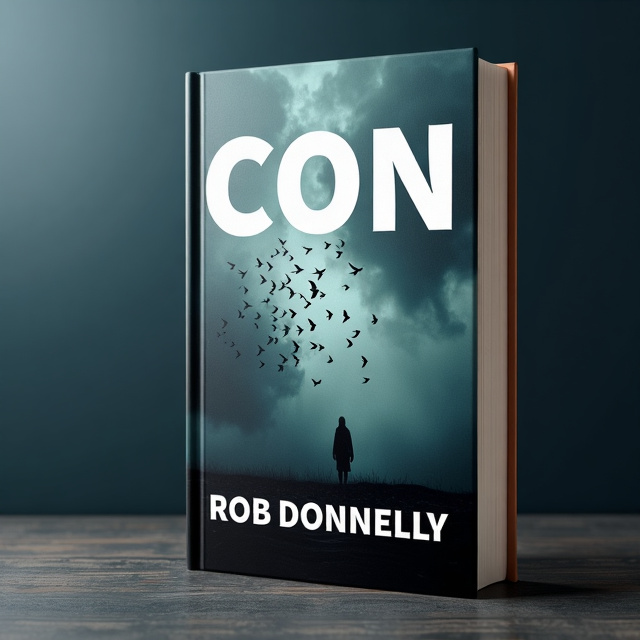 The title "CON" is prominently displayed in bold, white font, occupying the top half of the cover. Below the title, the author name "ROB DONNELLY" is written in a smaller, elegant font. The background is a dark, atmospheric image depicting a murmuration of birds in flight, fading into the darkness.