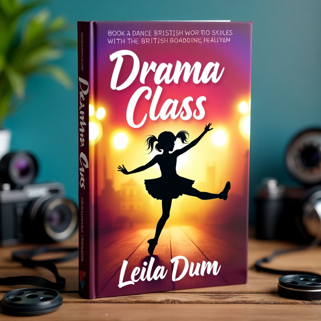 The cover features a vibrant and energetic scene of a teenage girl in silhouette, showcasing her tap dance routine. The background is a British boarding school setting, with film cameras scattered around to represent the drama class theme. The colors are bold and eye-catching, with a mix of warm and cool tones to create a dynamic contrast.