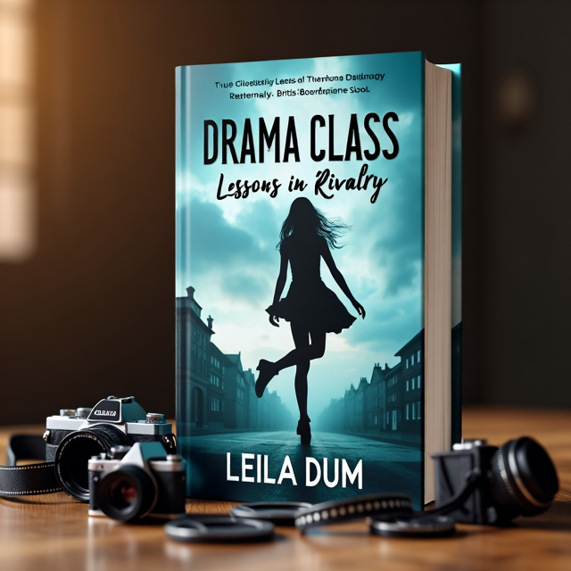 The cover features a close-up of a teenage girl's silhouette against a backdrop of a British boarding school. The girl is seen mid-tap dance routine, with her legs raised high in the air. In the foreground, film cameras are scattered around, symbolizing the drama class and the girl's passion for performing arts.