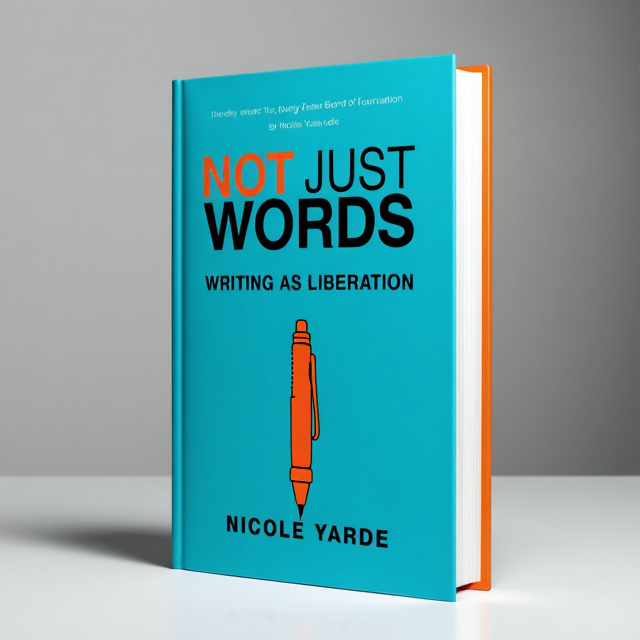 The cover features a modern and clean design with a vibrant blue background. In the center, there is a stylized pen illustration in orange, symbolizing the act of writing. The title "NOT JUST WORDS WRITING AS LIBERATION" is placed above the pen, and the author's name "Nicole Yarde" is displayed below it.