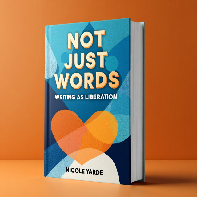 The cover features a modern, abstract illustration in shades of blue and orange, representing the power of words. The illustration is complemented by a warm, contemporary background.