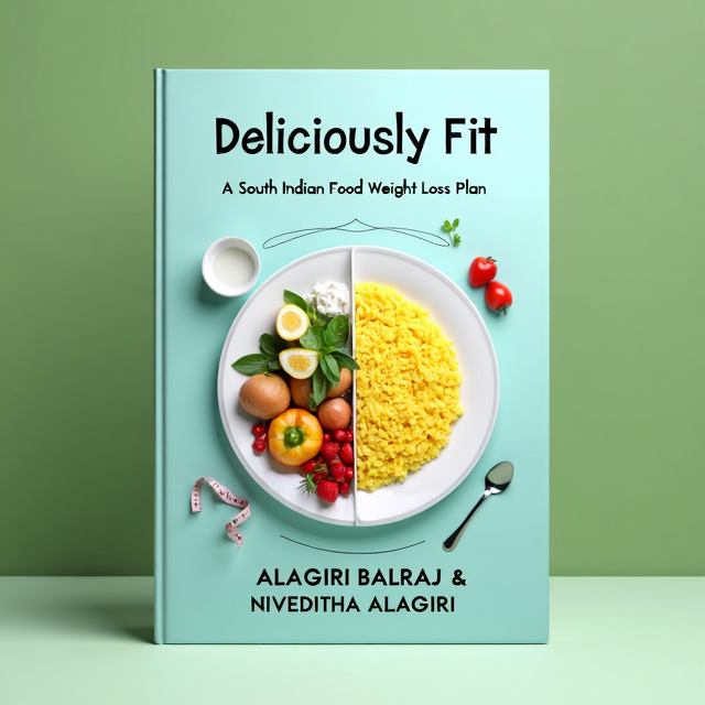 The cover features a simple, minimalistic plate placed at the center. The plate is divided into two halves - one filled with South Indian foods like a small portion of vegetable upma, coconut chutney, and some fresh fruits, while the other half transitions into fitness elements like a water bottle or a measuring tape. A subtle, curving line in the background represents the journey towards a healthier lifestyle. The color palette consists of soft, muted pastels like light green, sky blue, and white, giving it a fresh and clean look.