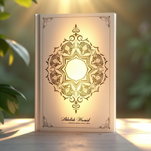 The cover features a serene white background with a central focus on a beautifully crafted kaligrafi design. The kaligrafi is elegantly illuminated by a soft golden light, creating an aura of tranquility. Rays of light subtly emanate from the kaligrafi, symbolizing the spiritual essence of the book.