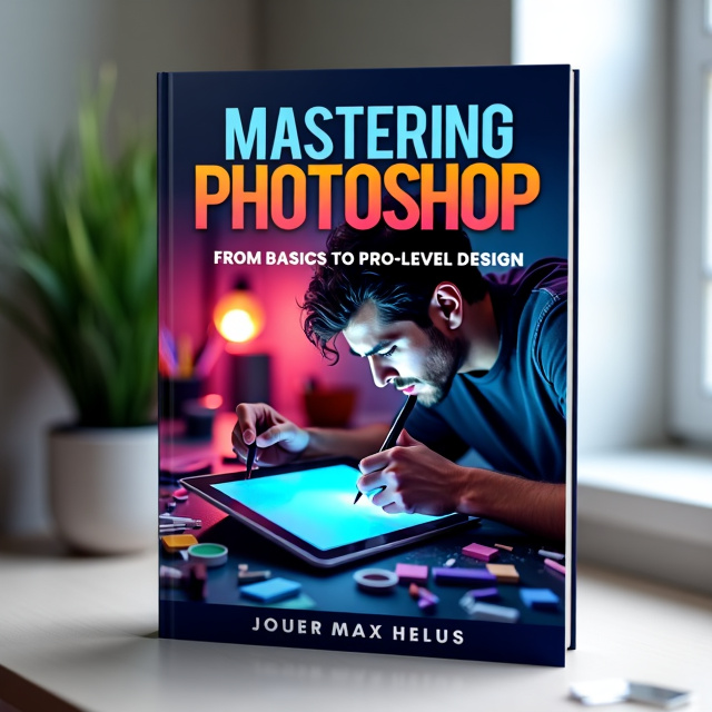 The cover features a close-up image of a determined artist working on a digital tablet, surrounded by various design elements and tools. The background is a gradient of vibrant colors, symbolizing creativity and inspiration.