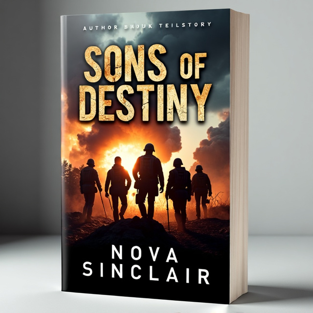 The cover features a dramatic image of a battlefield, with smoke rising and soldiers in action. Overlaid on the image is the silhouette of a group of men, representing the "sons of destiny". The overall style is dark and gritty, capturing the war and mystery elements of the book.