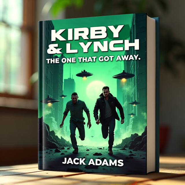 The cover features two characters running through a ruined cityscape. The city is filled with debris and crumbling buildings, creating a sense of destruction. Robot spacecrafts are flying overhead, adding a futuristic element to the scene. The characters are shown with expressions of anger and determination, capturing the intensity of the story. The primary color of green is incorporated throughout the cover, representing the science fiction genre.