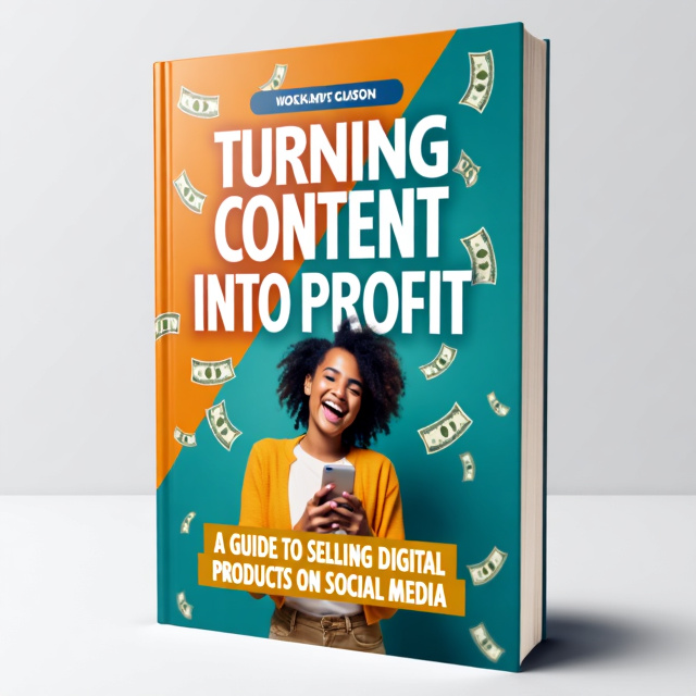The cover features a vibrant and colorful background with images of dollar bills raining down. In the center, there is a happy person holding a smartphone, representing the idea of turning content into profit on social media.