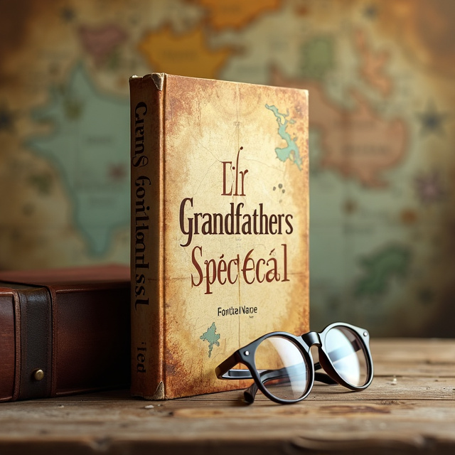 The cover features a close-up image of an old pair of spectacles, slightly worn and resting on a weathered wooden table. The spectacles are the focal point of the design, emphasizing the importance of the grandfather in the story. The background is a faded vintage map, adding an adventurous element to the composition.