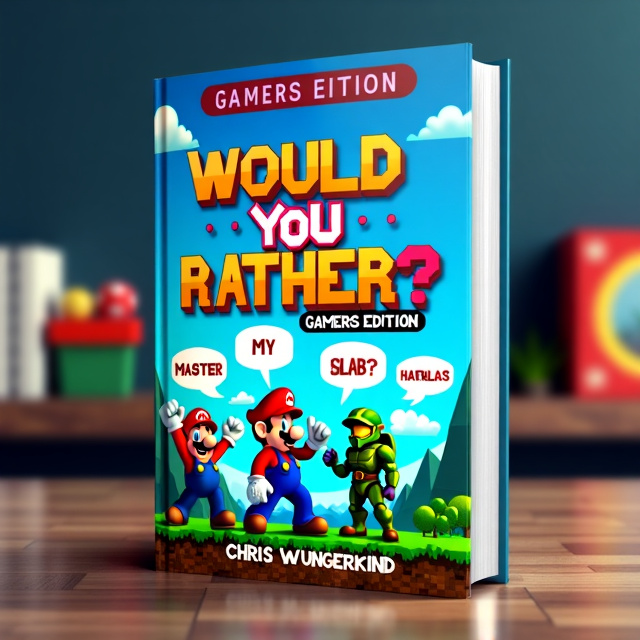 The cover features a vibrant and dynamic gaming landscape in the background, with iconic video game characters like Mario, Link, and Master Chief in the foreground. They are depicted in a playful "Would You Rather?" pose, with speech bubbles showcasing their choices. Pixelated elements are incorporated to give a nostalgic feel to the design.