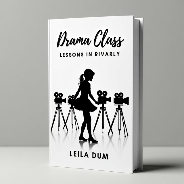standing book mockup, Its title is "Drama Class: Lessons in Rivalry". Its author name is Leila Dum.  The cover features a simple and clean design with a white background. In the center of the cover, there is a black silhouette of a teenage girl, captured mid-tap dance routine. Behind her, there are multiple film cameras, symbolizing the drama class and the world of theater. The title "Drama Class Lessons in Rivalry" is displayed in bold, black letters at the top of the cover, with a slightly serif font that adds a touch of elegance. The author's name, Leila Dum, is written in a smaller, lowercase font at the bottom of the cover., The title and author's name are aligned horizontally, with the title placed above the author's name. The silhouette of the teenage girl and the film cameras are centered and slightly enlarged, creating a focal point.