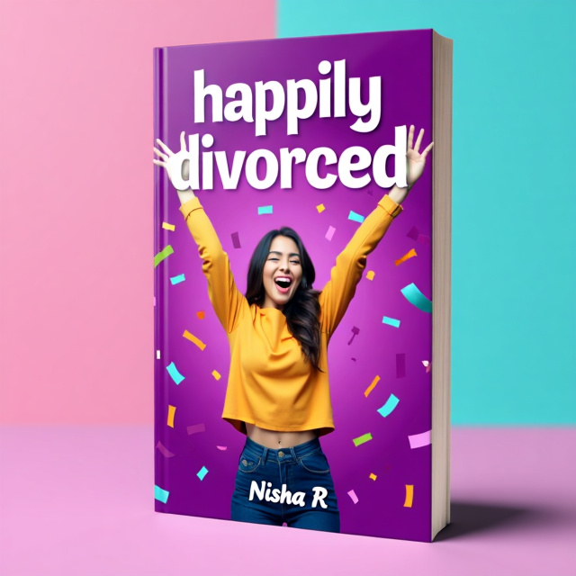 The cover features a vibrant purple background with a soft gradient. In the center, there is a happy woman standing with her arms raised in joy. She is surrounded by colorful confetti, symbolizing the happiness of being divorced. The title "happily divorced" is prominently displayed in bold white letters at the top, while the author's name, Nisha R, is placed at the bottom in a elegant script font.