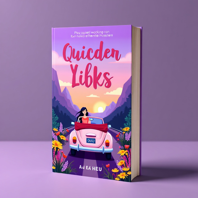 A vibrant purple background with a happy woman sitting in a convertible car, surrounded by colorful flowers and a scenic road stretching out ahead.