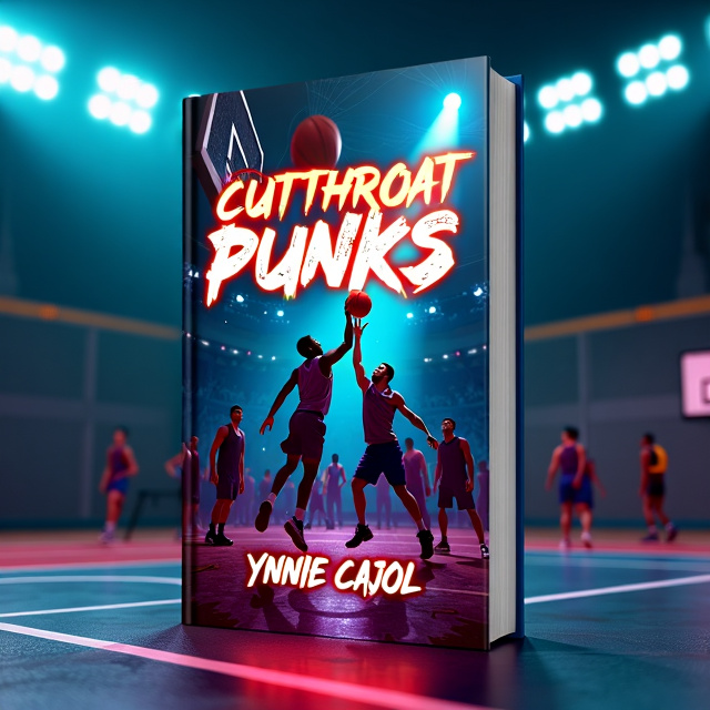 The cover features a dynamic and intense scene, showcasing two basketball players, one black and one hispanic, both reaching for the ball in mid-air. The cyberpunk-inspired basketball court is illuminated with vibrant neon lights, giving it a futuristic and gritty feel. Other basketball players can be seen on the court, creating a sense of competition and tension. The shot clock is prominently displayed, adding urgency to the scene.