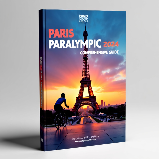 The cover features a vibrant photograph of the Eiffel Tower at sunset, with the Paralympic logo prominently displayed in the foreground. The title is placed at the top of the cover, in bold, modern typography, with "Paris Paralympic" in larger letters and "2024 Comprehensive Guide" in smaller letters beneath it. A silhouette of an athlete in action is positioned on the left side of the cover, adding a dynamic element to the design.