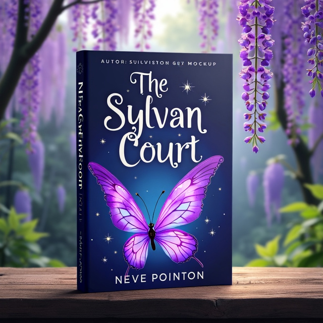 The cover features a lush background of wisteria flowers hanging from trees, creating a mystical and enchanting atmosphere. In the foreground, purple fairy wings are displayed prominently, showcasing their intricate details and iridescent colors. Sparkles are scattered throughout the scene, adding a touch of magic and wonder.