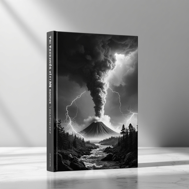 A black and white image depicting a powerful tornado at the center, surrounded by crashing waves and a jagged volcano in eruption in the background. A small background forest is on fire, and lightning strikes illuminate the sky.