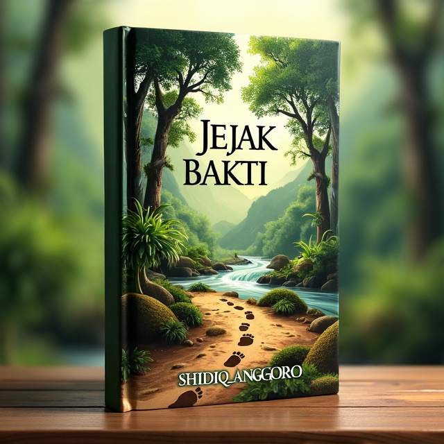 A beautiful landscape of Olak-Olak village with lush green trees and a flowing river. In the foreground, footprints are imprinted on the ground, symbolizing the impact and contributions made by the characters in the book.