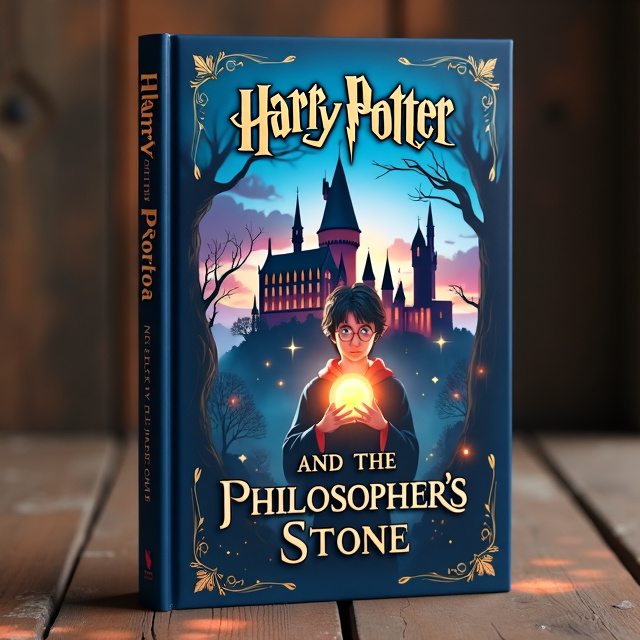 standing book mockup, Its title is "Harry Potter and the Philosopher's Stone".  The cover design features a vibrant and enchanting depiction of Hogwarts Castle, with its towering turrets and magical atmosphere. In the foreground, we see Harry Potter, the young wizard, dressed in his Hogwarts robes, holding the Philosopher's Stone in his hands. The composition is balanced and symmetrical, creating a sense of harmony and stability. The title, "Harry Potter and the Philosopher's Stone," is displayed in an elegant and whimsical font, with the letters intertwining and embellished with subtle magical accents. The font choice adds a touch of enchantment to the overall design., The title is centered at the top of the cover, while the author's name is placed at the bottom, both using a minimalist text style. This layout ensures that the focus remains on the captivating visual composition in the center. The area where the author's name typically appears should be left completely blank, with no text or placeholder.