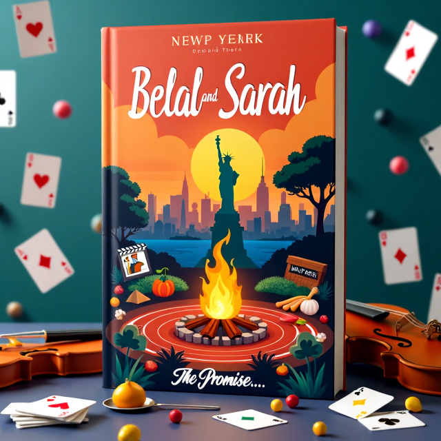 The New York City skyline is the main background, with the Statue of Liberty prominently featured. The camp vibes are represented by a cozy bonfire with camping symbols and illustrations. A running track symbolizes the track and field element, while a film reel and clapperboard represent the movies theme. Kitchen utensils and cooking ingredients portray the cooking aspect, and a violin symbolizes the musical element. The Eye of Horus represents Egypt, and a shamrock represents Ireland. Playing cards are positioned in the corners, with the King of Diamonds, Queen of Clubs, 9 of Hearts, and 10 of Hearts.