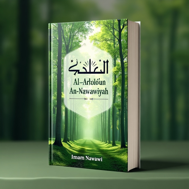 The cover features a lush green forest with tall trees, creating a serene and peaceful atmosphere. The title of the book, "Al-Arba'un An-Nawawiyah," is placed prominently in the upper center of the cover, with a clean and bold font. The author's name, Imam Nawawi, is displayed in a smaller font at the bottom of the cover.
